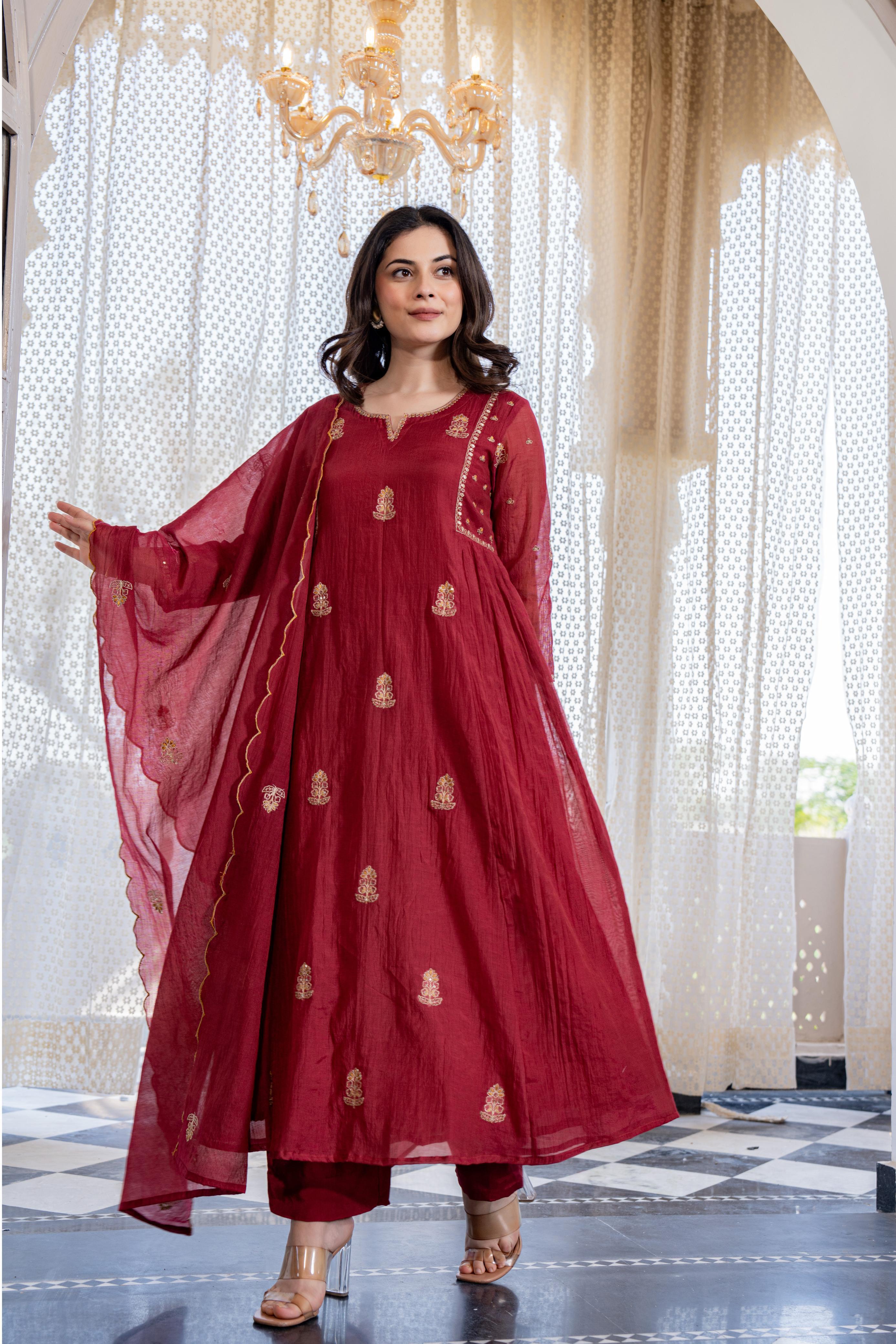 ROOHANIYA RED EMBELLISHED MUL CHANDERI SUIT SET