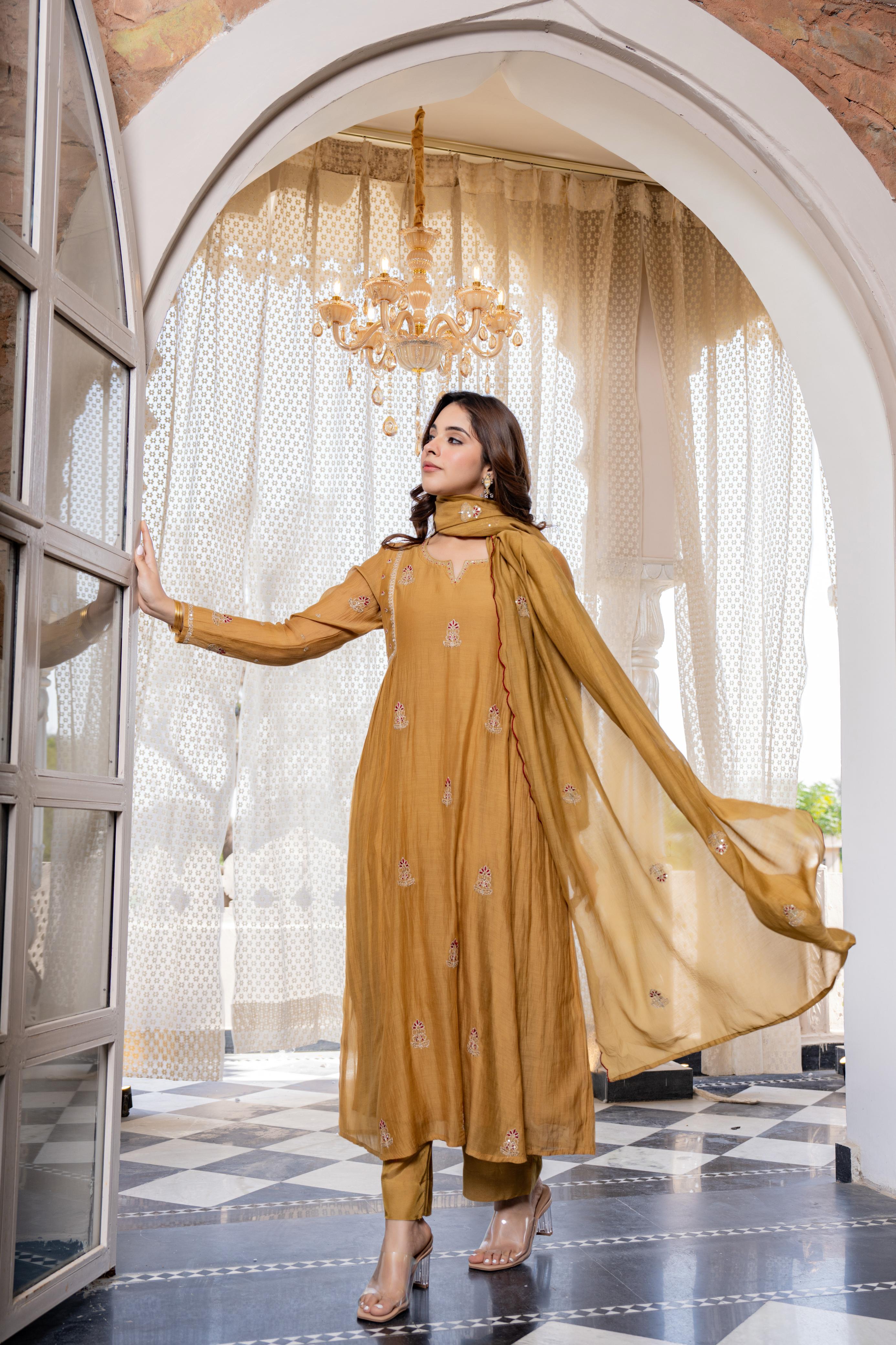 ROOHANIYA MUSTARD EMBELLISHED MUL CHANDERI SUIT SET