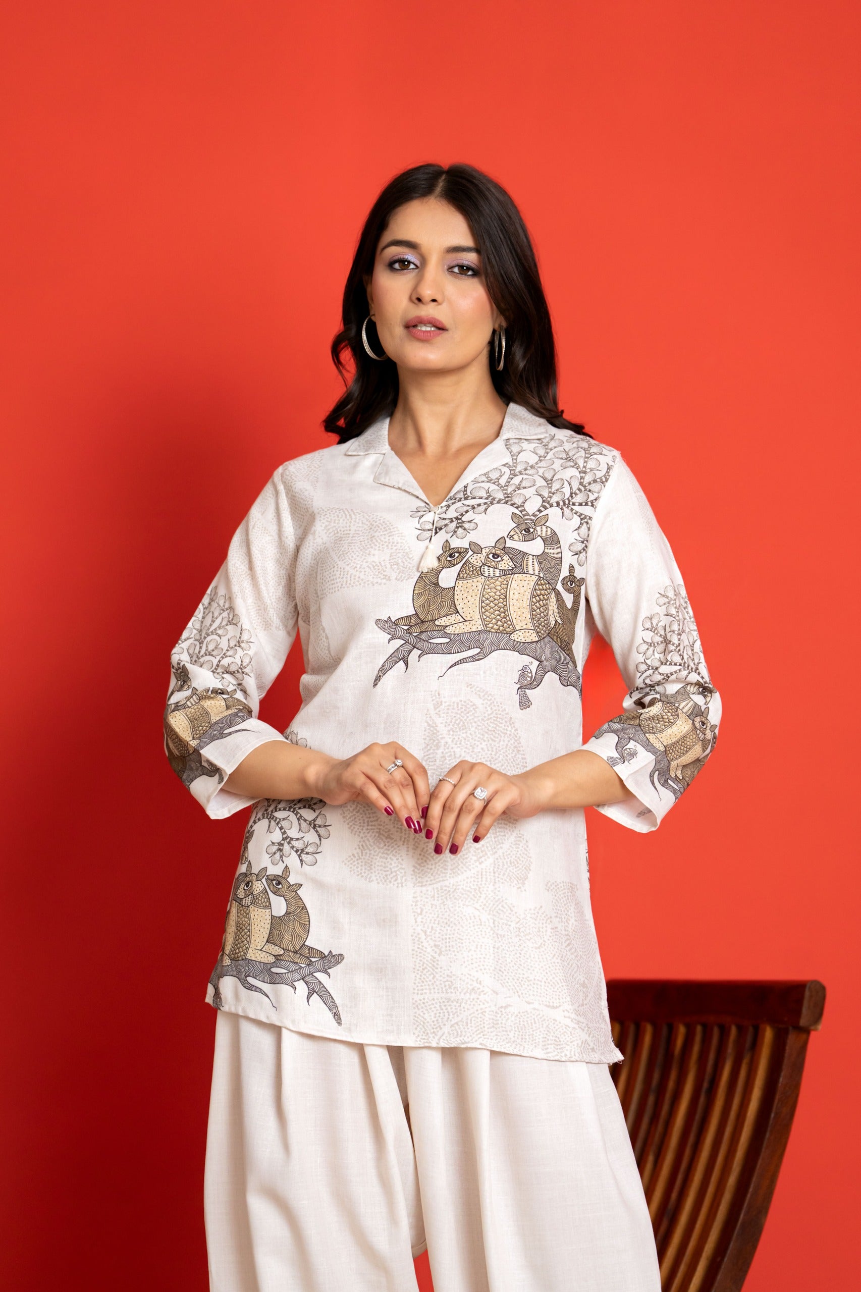 MRIGNAYANI IVORY LINEN FARSHI COORD SET