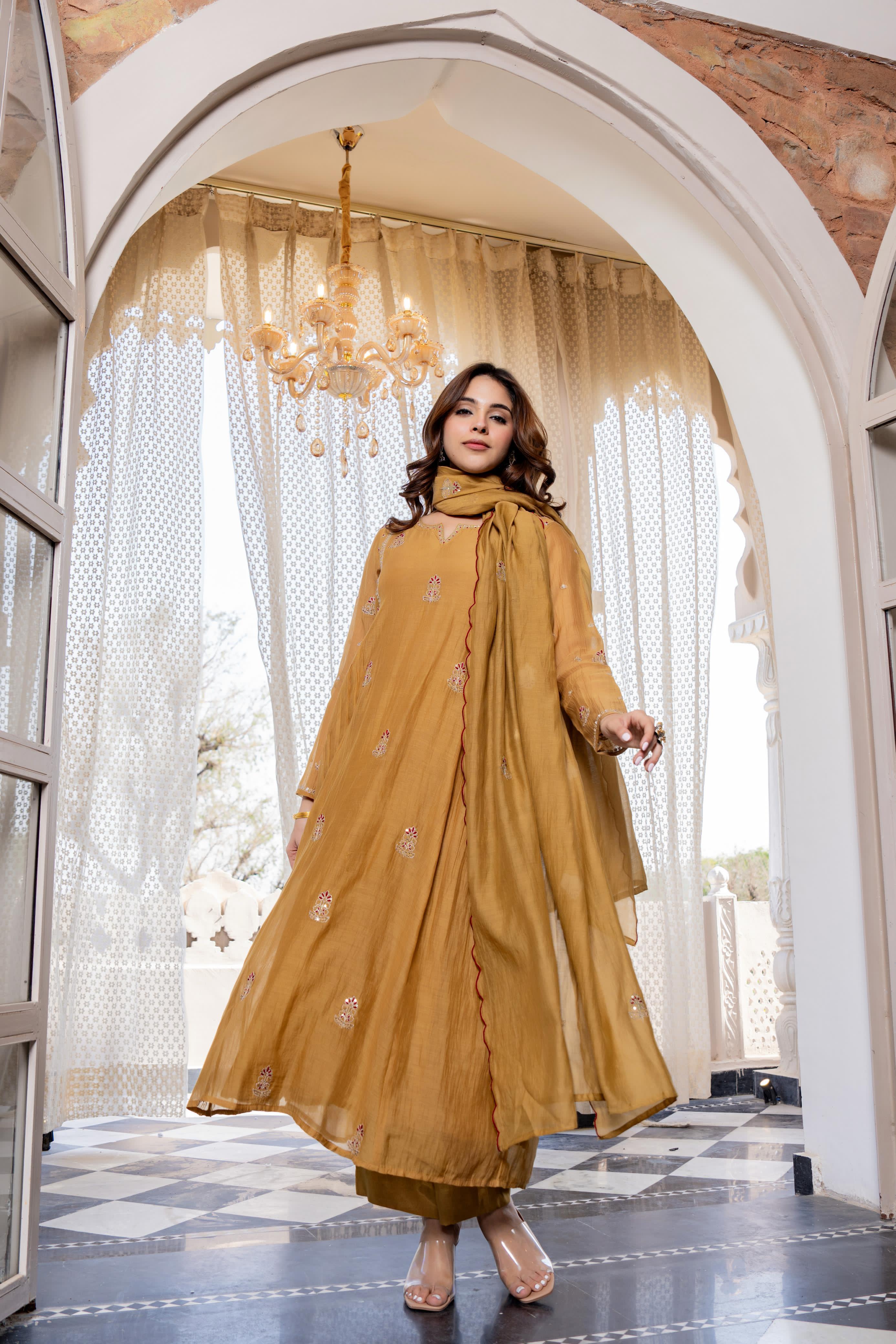 ROOHANIYA MUSTARD EMBELLISHED MUL CHANDERI SUIT SET