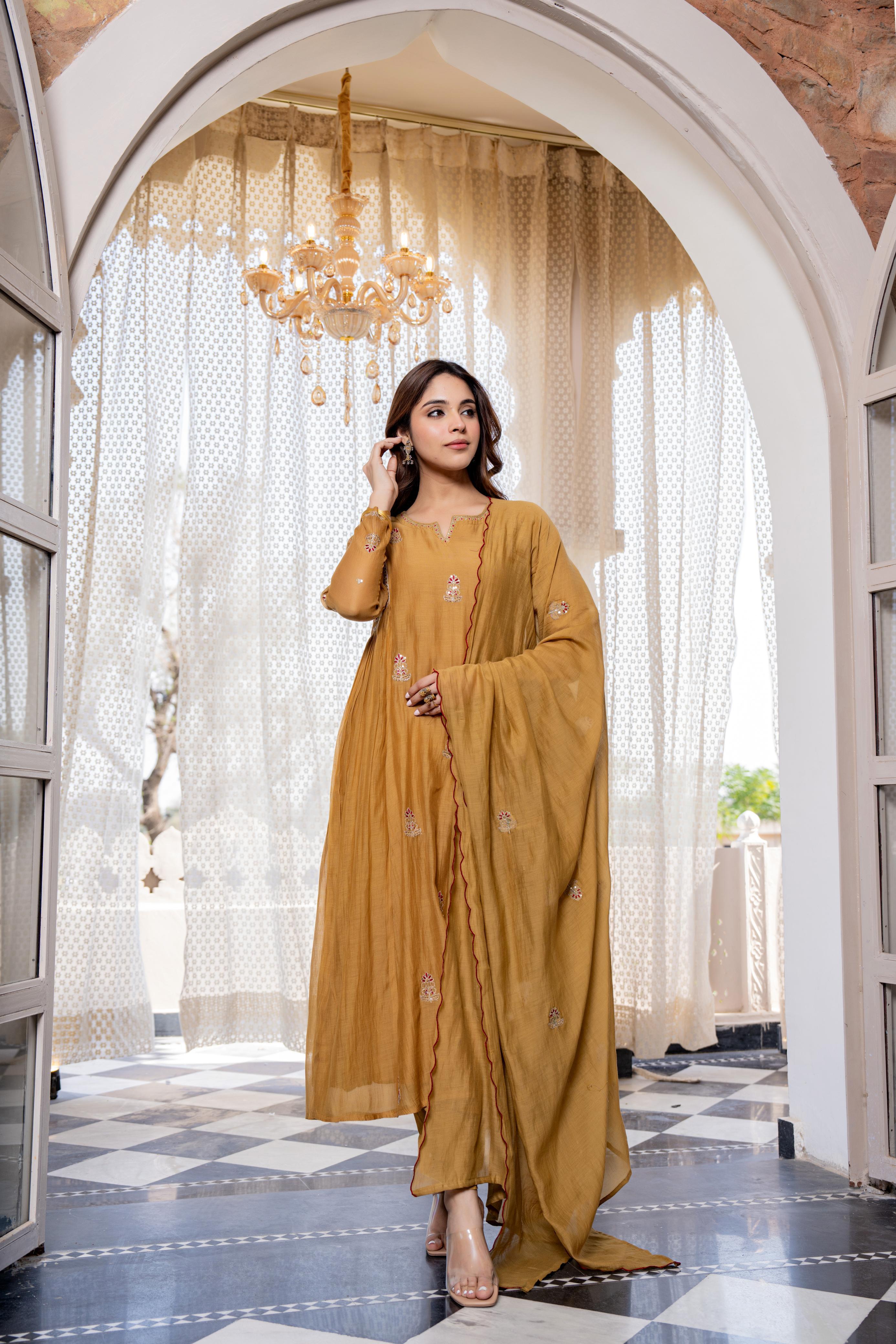 ROOHANIYA MUSTARD EMBELLISHED MUL CHANDERI SUIT SET