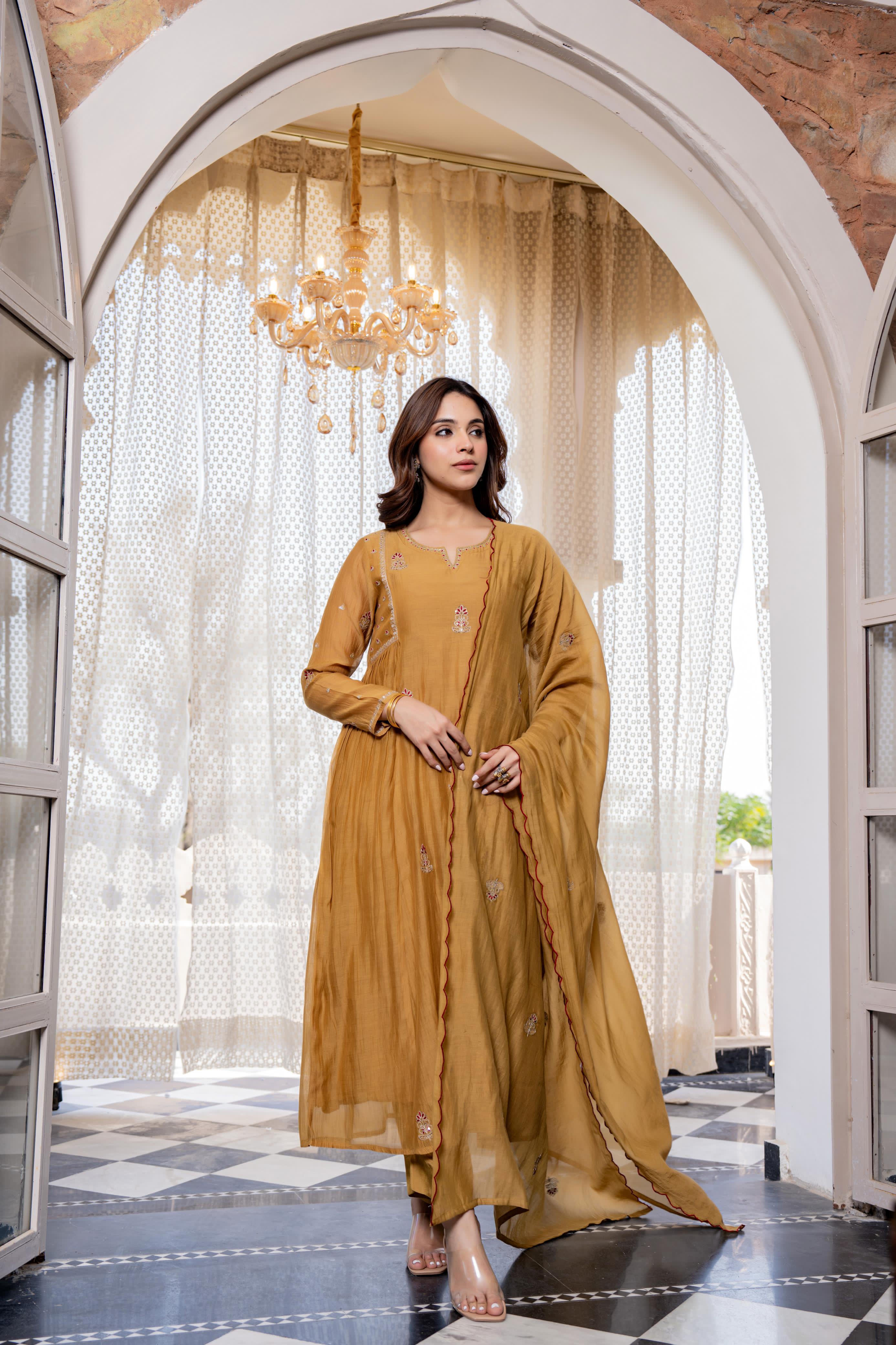 ROOHANIYA MUSTARD EMBELLISHED MUL CHANDERI SUIT SET