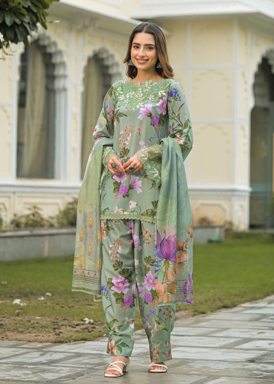 SAGE GREEN FLORAL FARSHI SALWAR SUIT SET