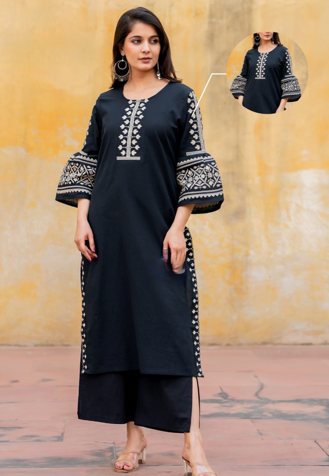 GREEK GODDESS BLACK WHITE EMBROIDERED COTTON KURTA SET