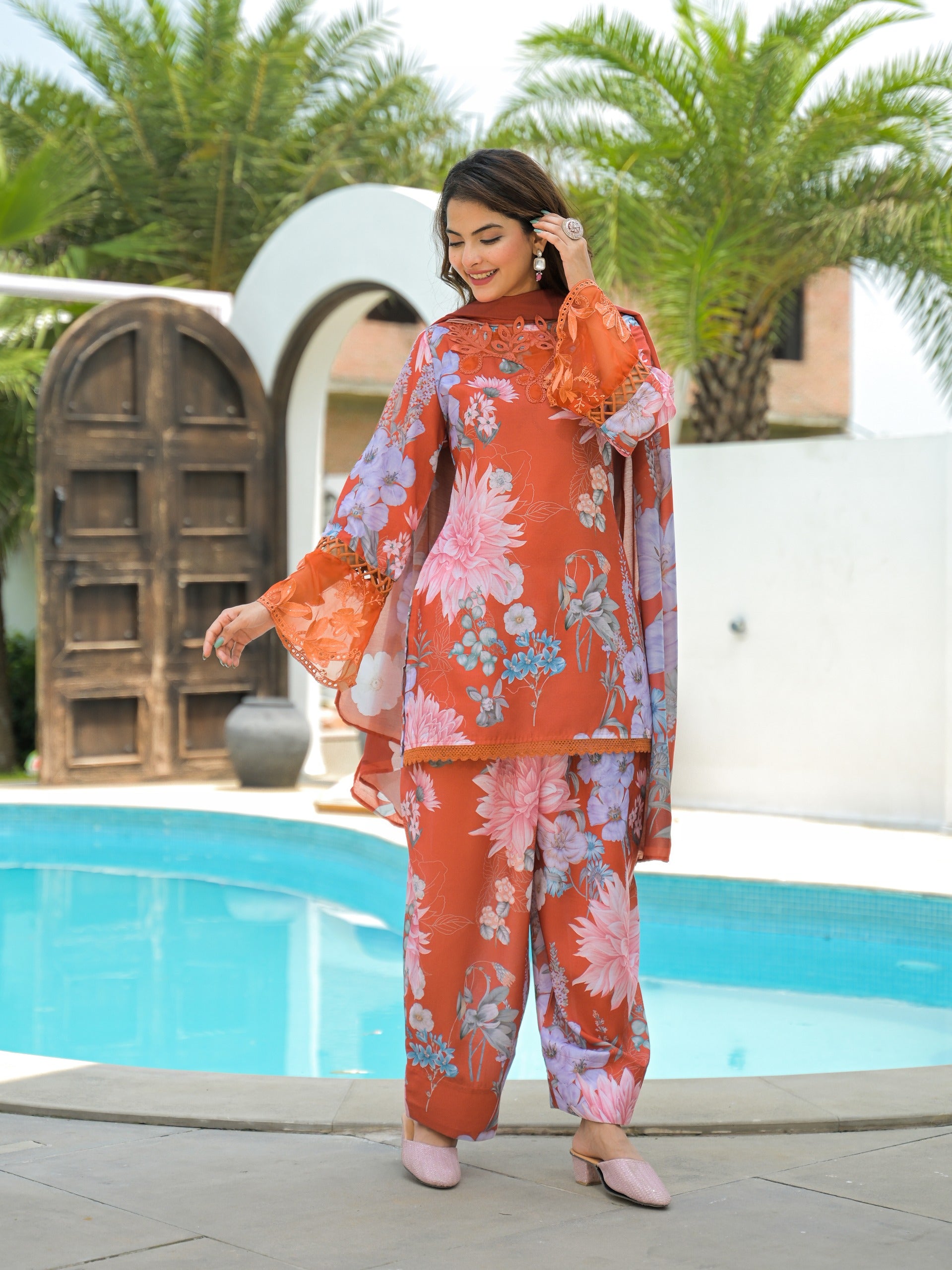 BURNT ORANGE FLORAL FARSHI SALWAR SUIT SET