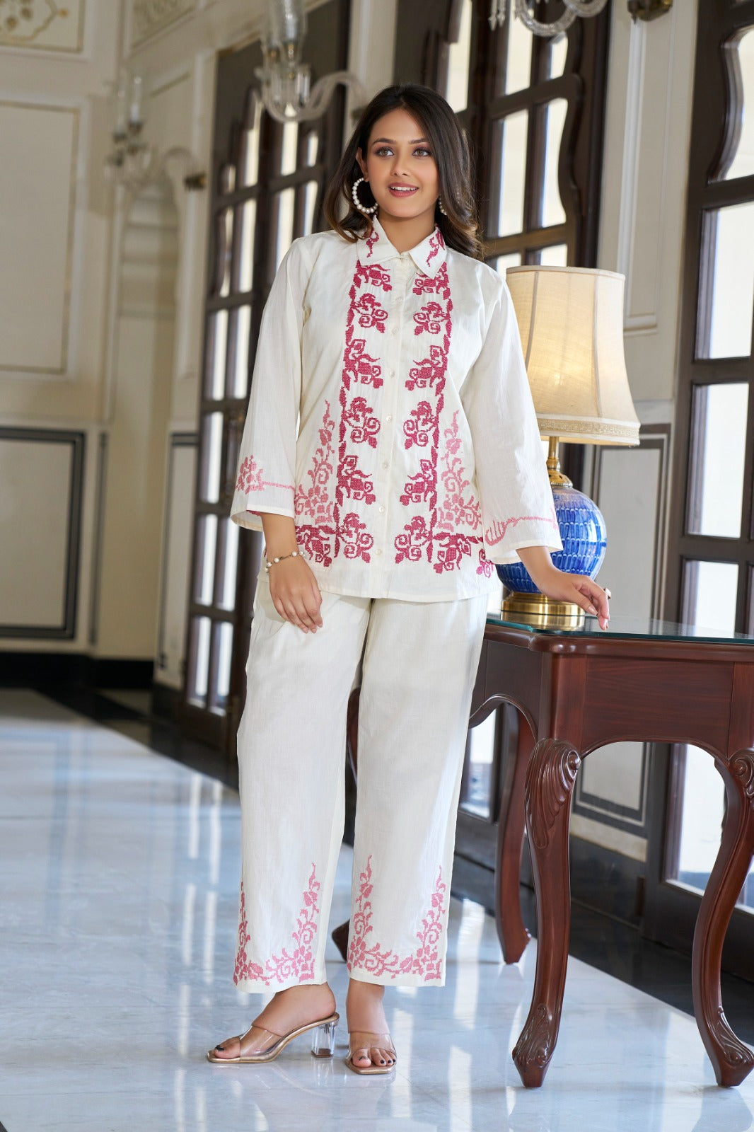 PINK WHITE EMBROIDERED COTTON COORD SET