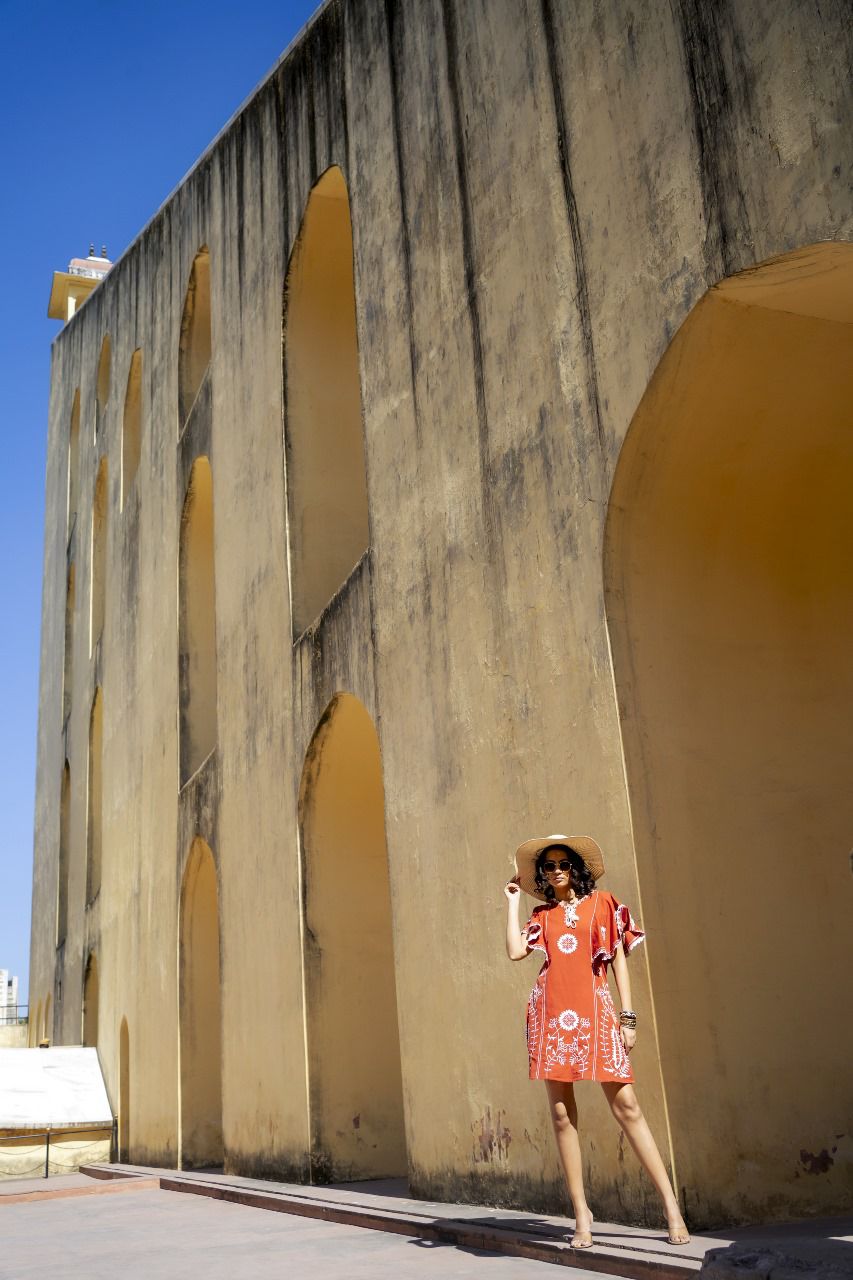 RUST ORANGE EMBROIDERED CAPE DRESS
