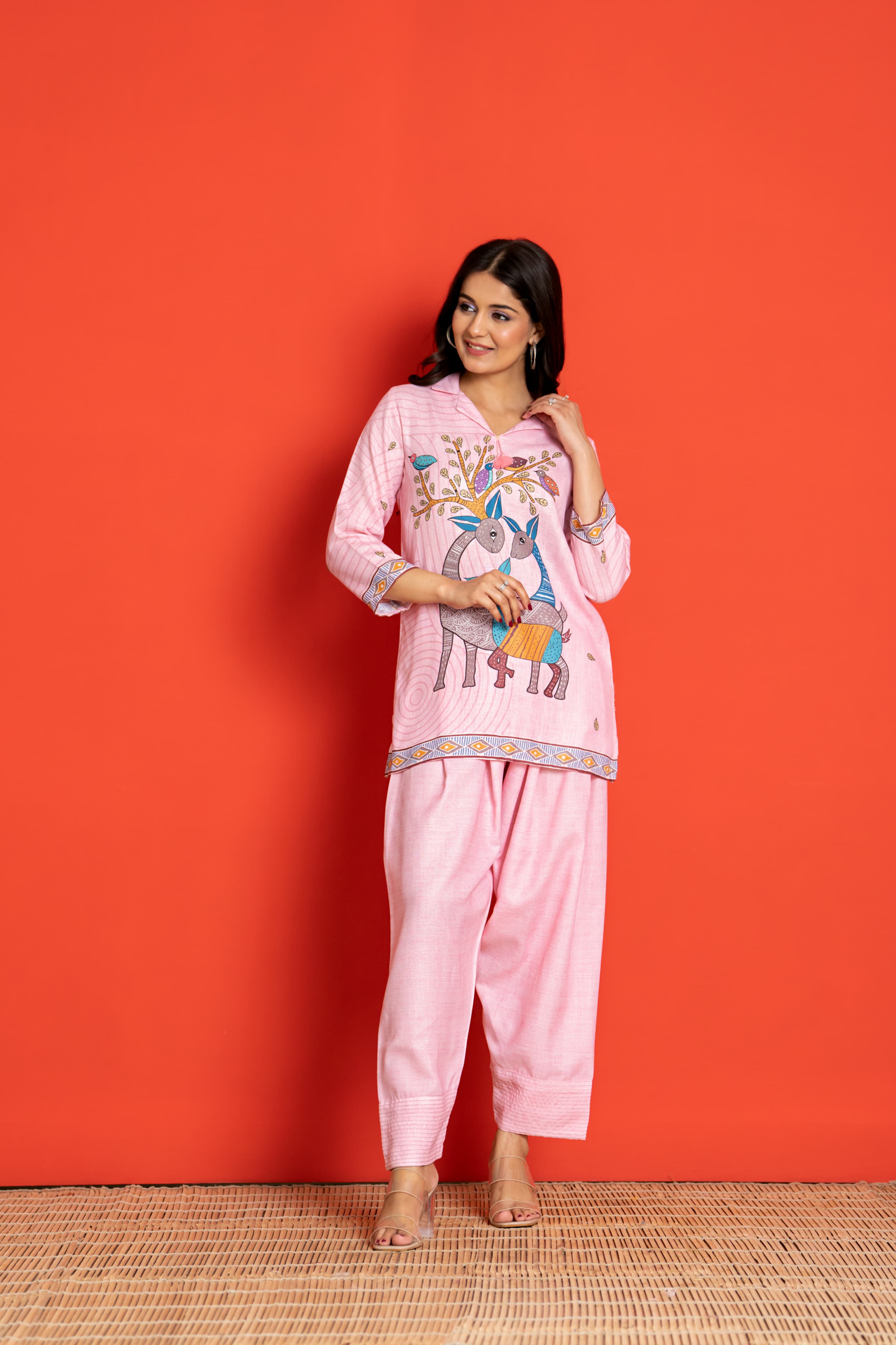 MRIGNAYANI BLUSH PINK LINEN FARSHI COORD SET