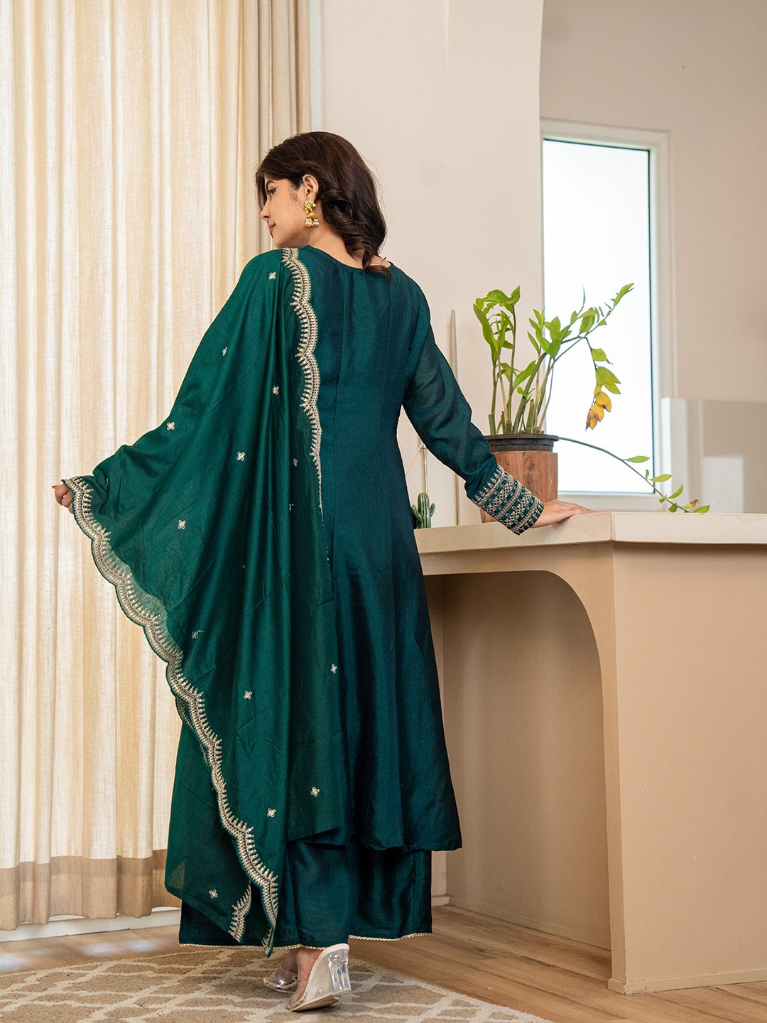 EMERALD GREEN ZARI EMBROIDERED ANARKALI SUIT SET