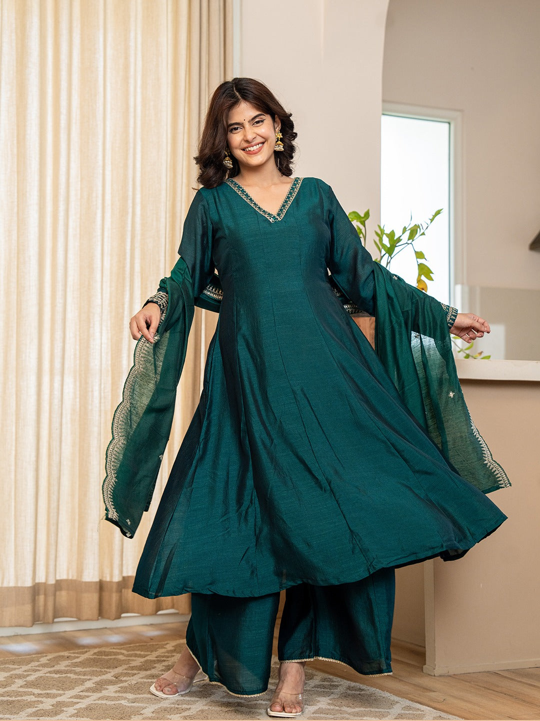 EMERALD GREEN ZARI EMBROIDERED ANARKALI SUIT SET