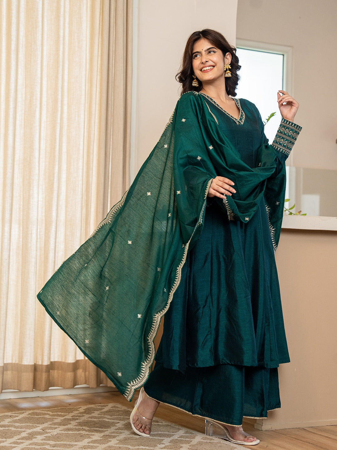 EMERALD GREEN ZARI EMBROIDERED ANARKALI SUIT SET