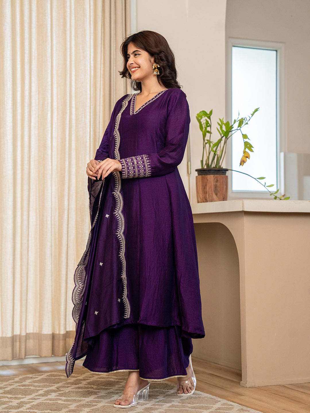 DEEP PURPLE ZARI EMBROIDERED ANARKALI SUIT SET