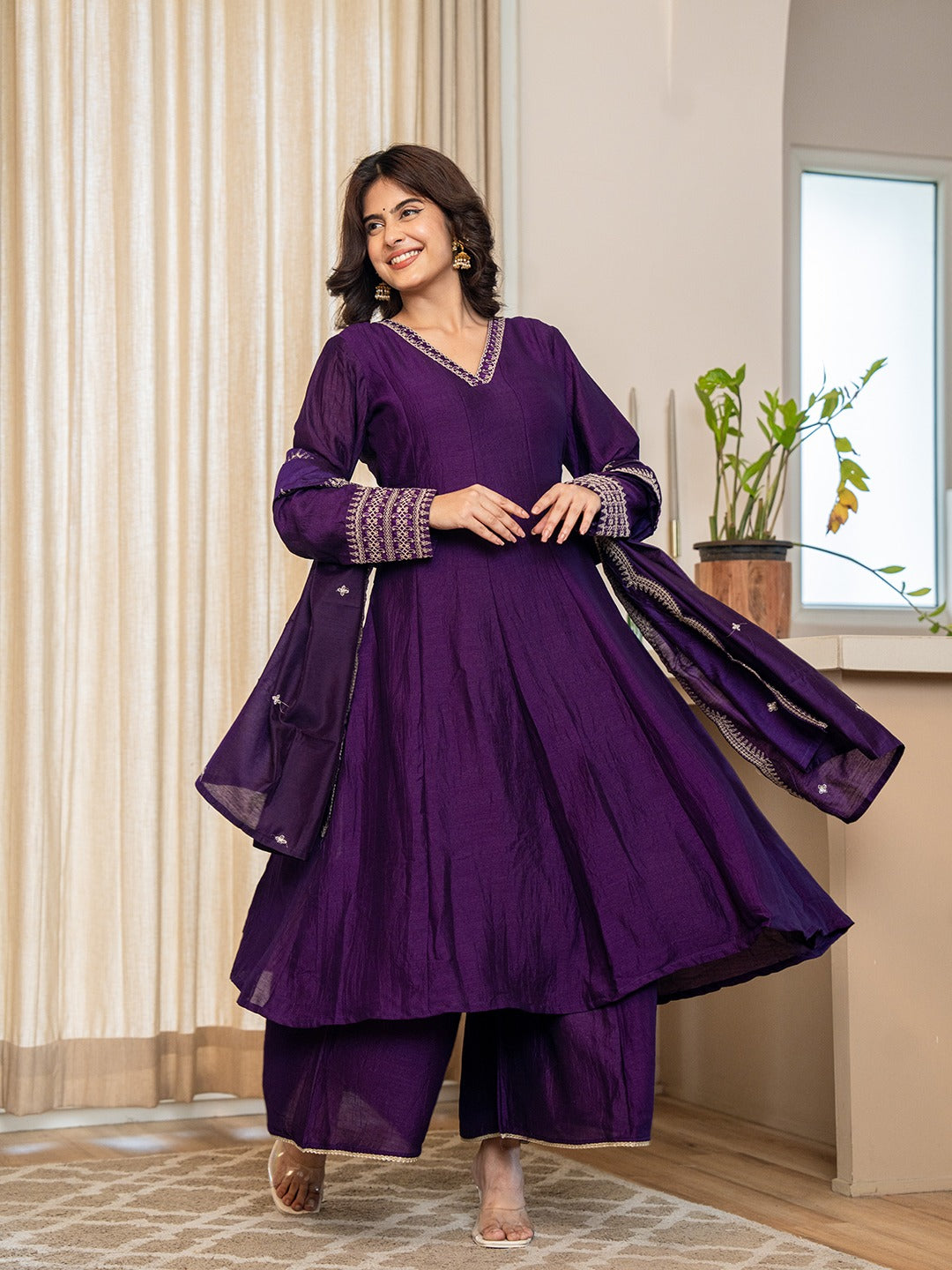 DEEP PURPLE ZARI EMBROIDERED ANARKALI SUIT SET