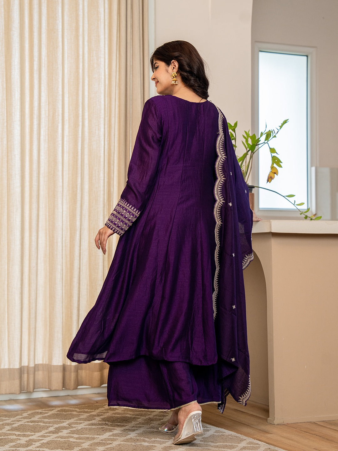 DEEP PURPLE ZARI EMBROIDERED ANARKALI SUIT SET