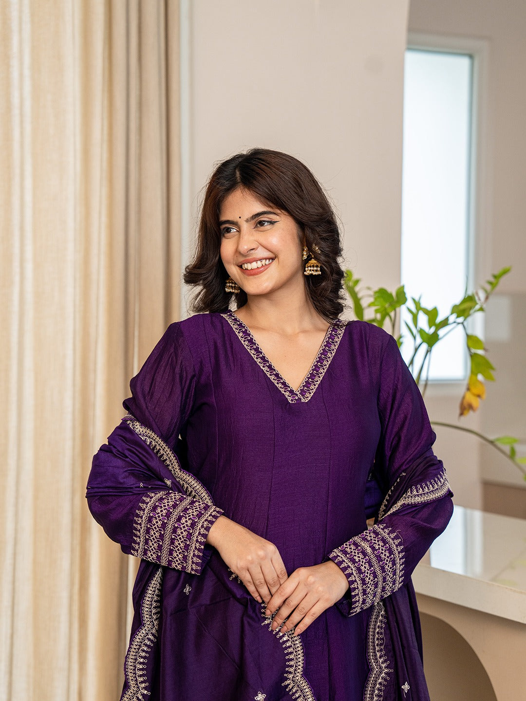 DEEP PURPLE ZARI EMBROIDERED ANARKALI SUIT SET