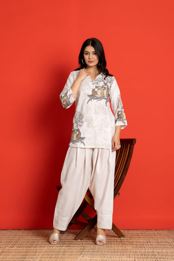 MRIGNAYANI IVORY LINEN FARSHI COORD SET