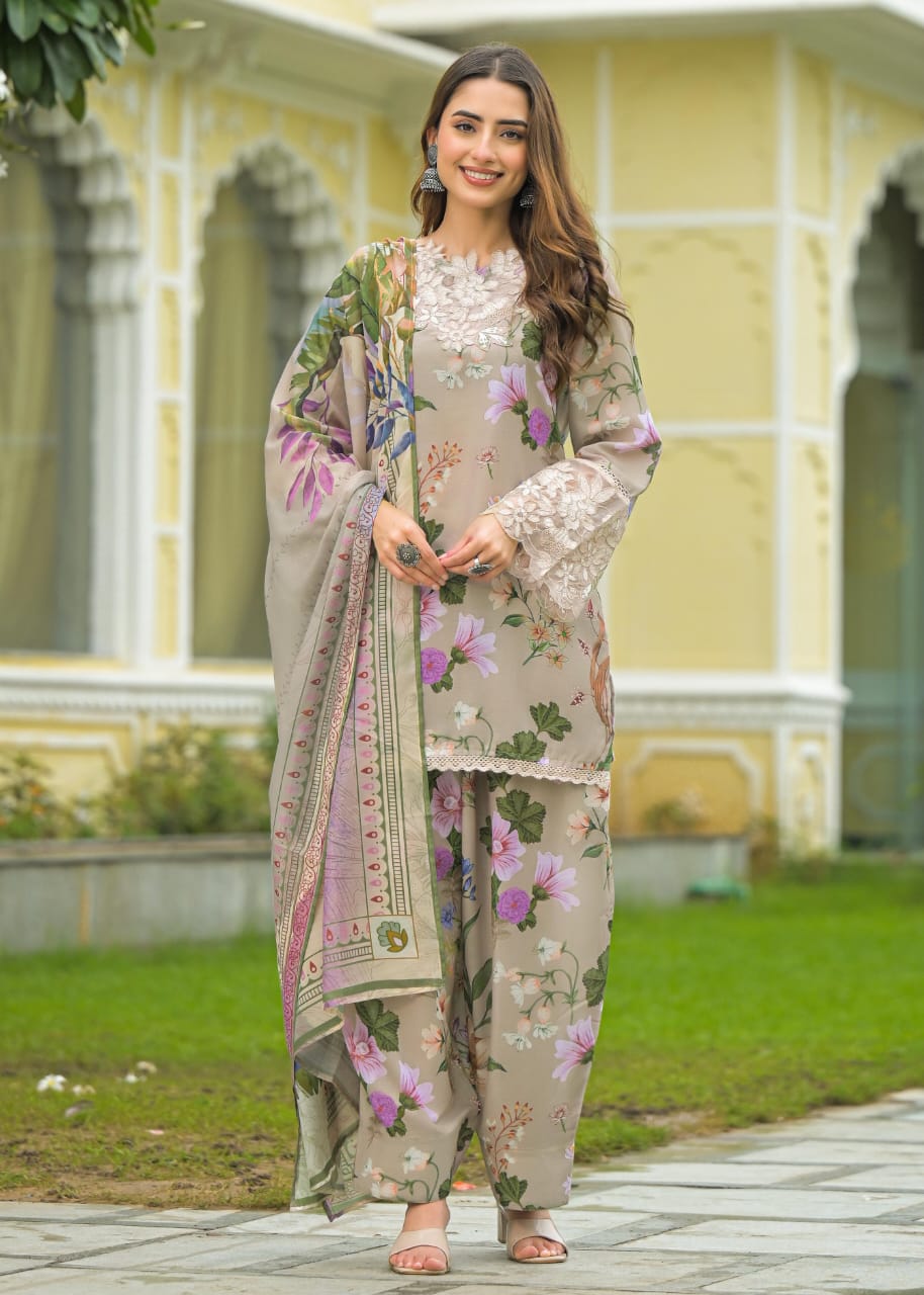 PEARL BEIGE FLORAL FARSHI SALWAR SUIT SET