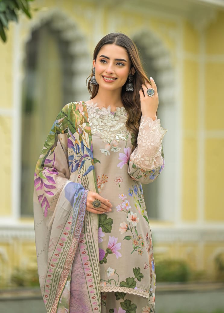 PEARL BEIGE FLORAL FARSHI SALWAR SUIT SET