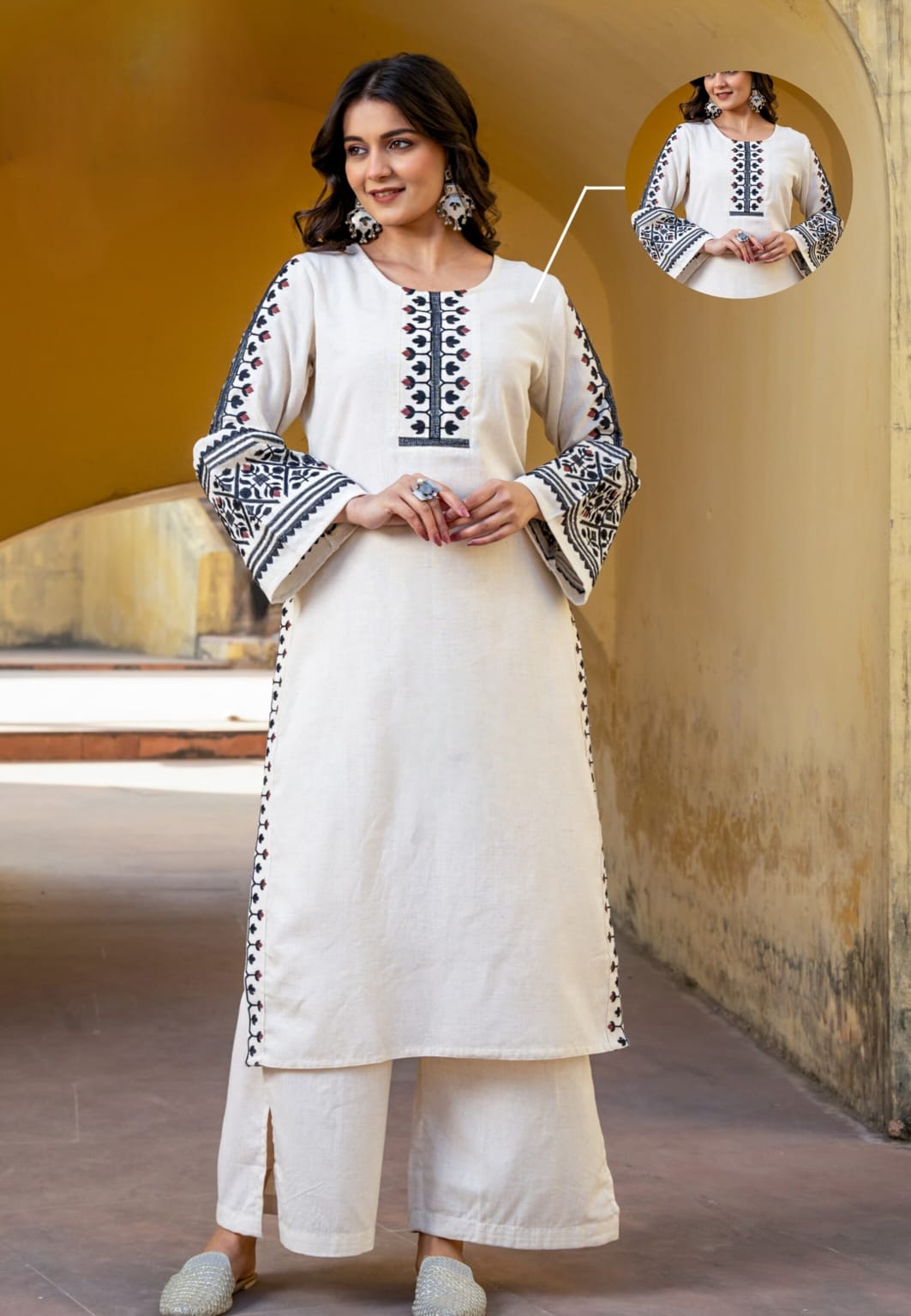 GREEK GODDESS BLACK WHITE EMBROIDERED COTTON KURTA SET