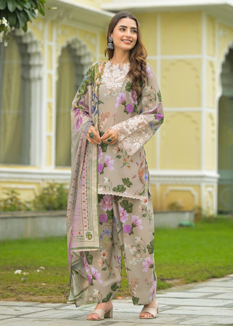 PEARL BEIGE FLORAL FARSHI SALWAR SUIT SET