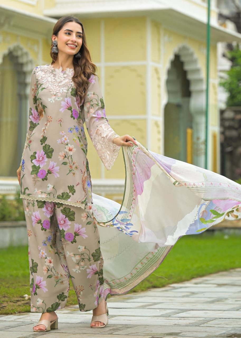 PEARL BEIGE FLORAL FARSHI SALWAR SUIT SET