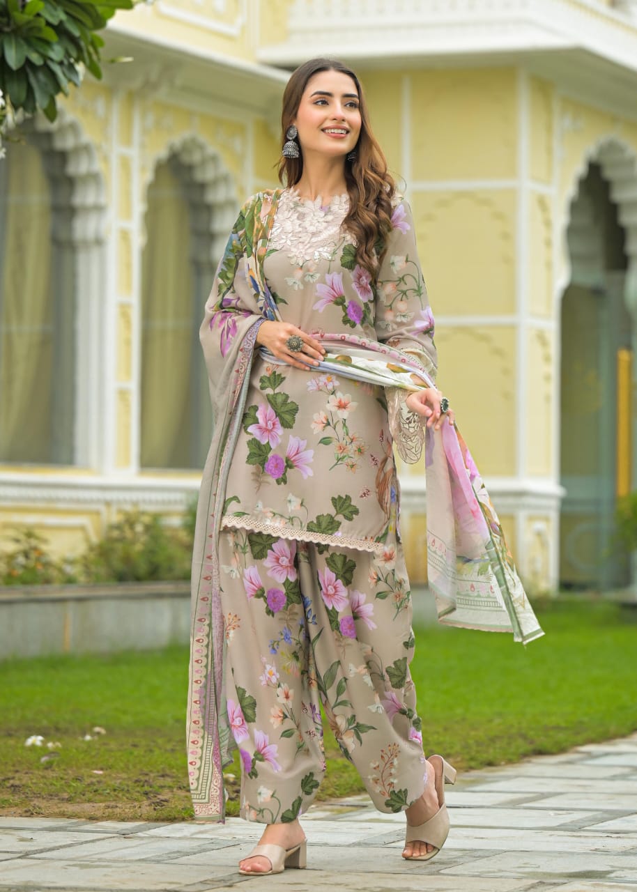 PEARL BEIGE FLORAL FARSHI SALWAR SUIT SET