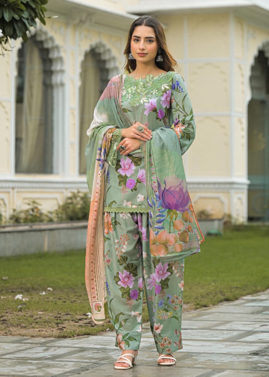 SAGE GREEN FLORAL FARSHI SALWAR SUIT SET