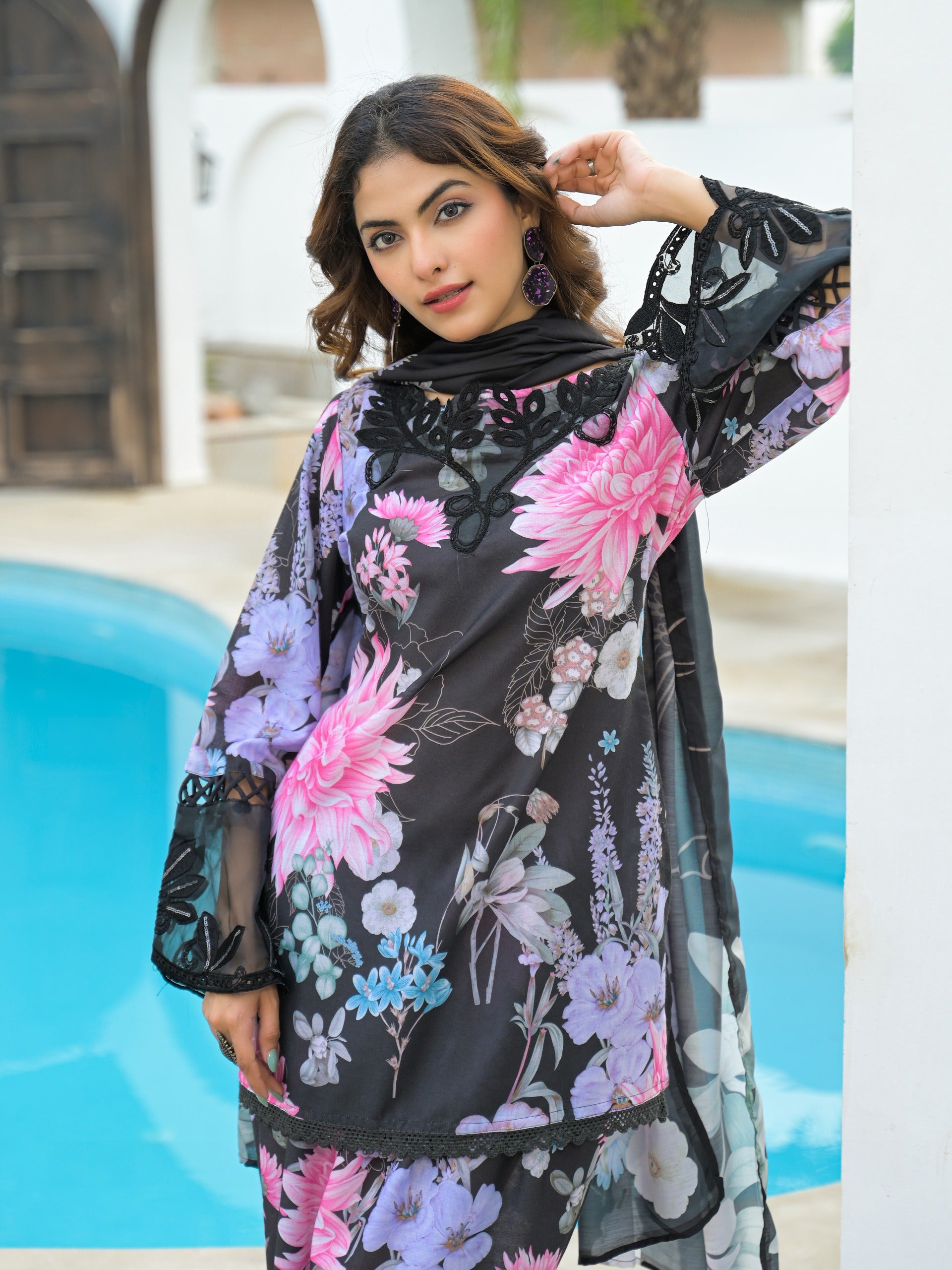 BLACK FLORAL FARSHI SALWAR SUIT SET