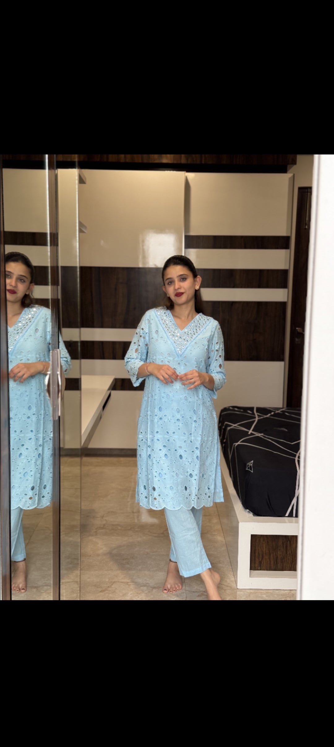 BRIGHT BLUE EMBELLISHED COTTON COORD SET