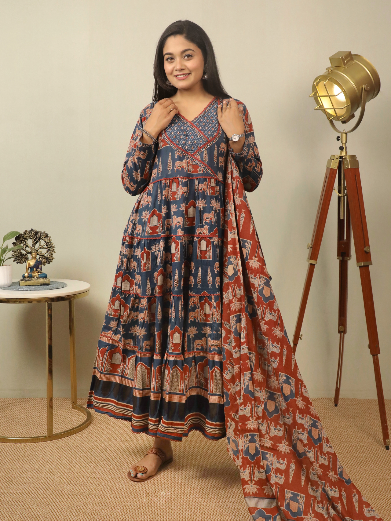 KALAMKARI PRINT ANARKALI  SUIT SET