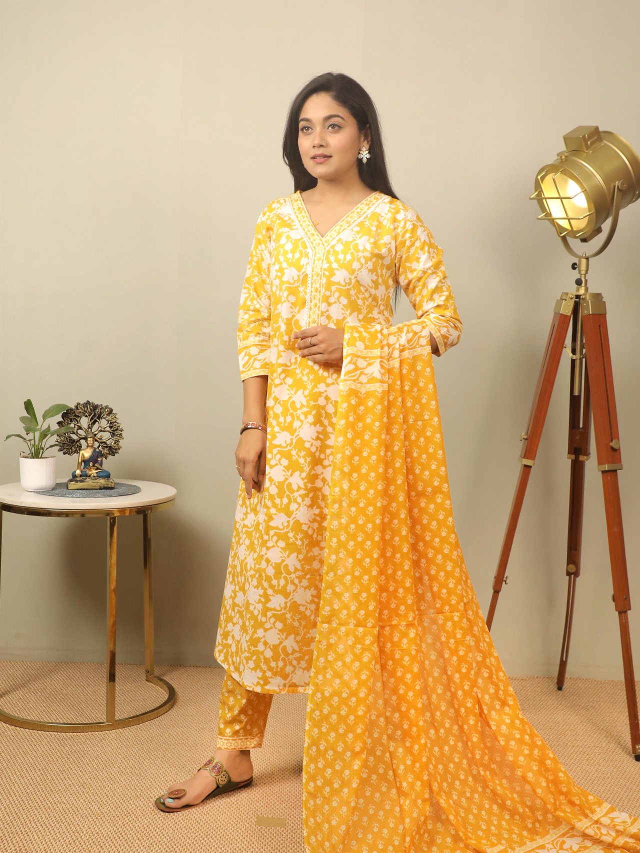 COTTON MUSTARD YELLOW HANDBLOCK STRAIGHT KURTA SET