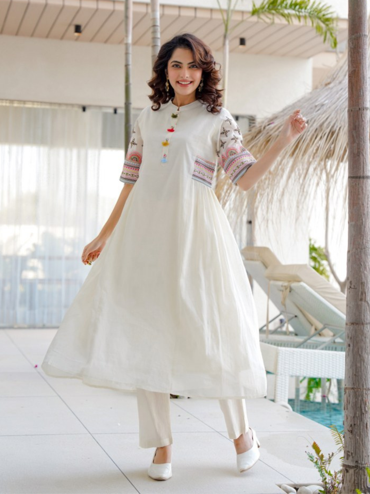 IVORY ELEGANCE EMBROIDERED COTTON A-LINE KURTA SET