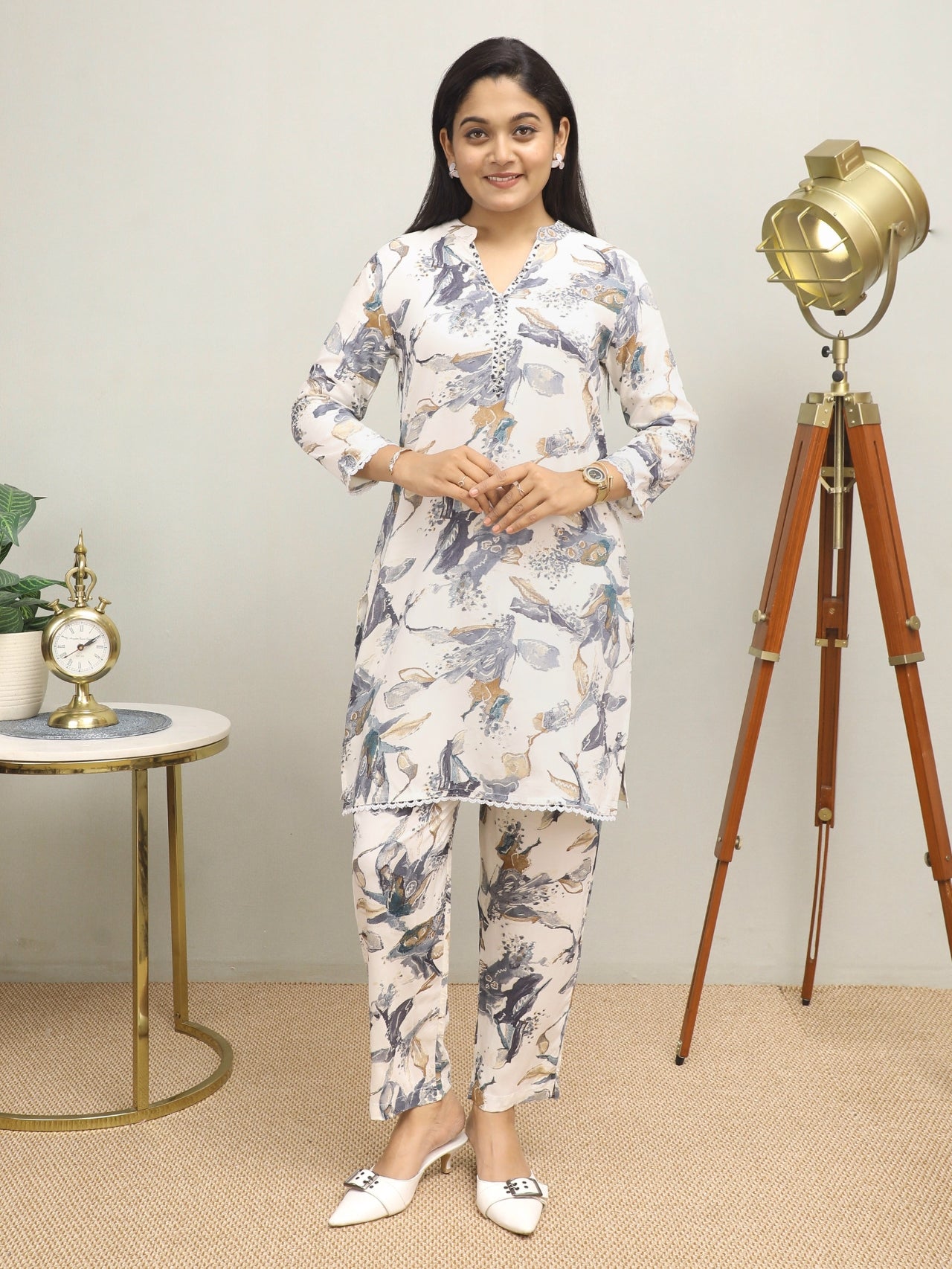 WHITE PRINTED RAYON CO-ORD SET