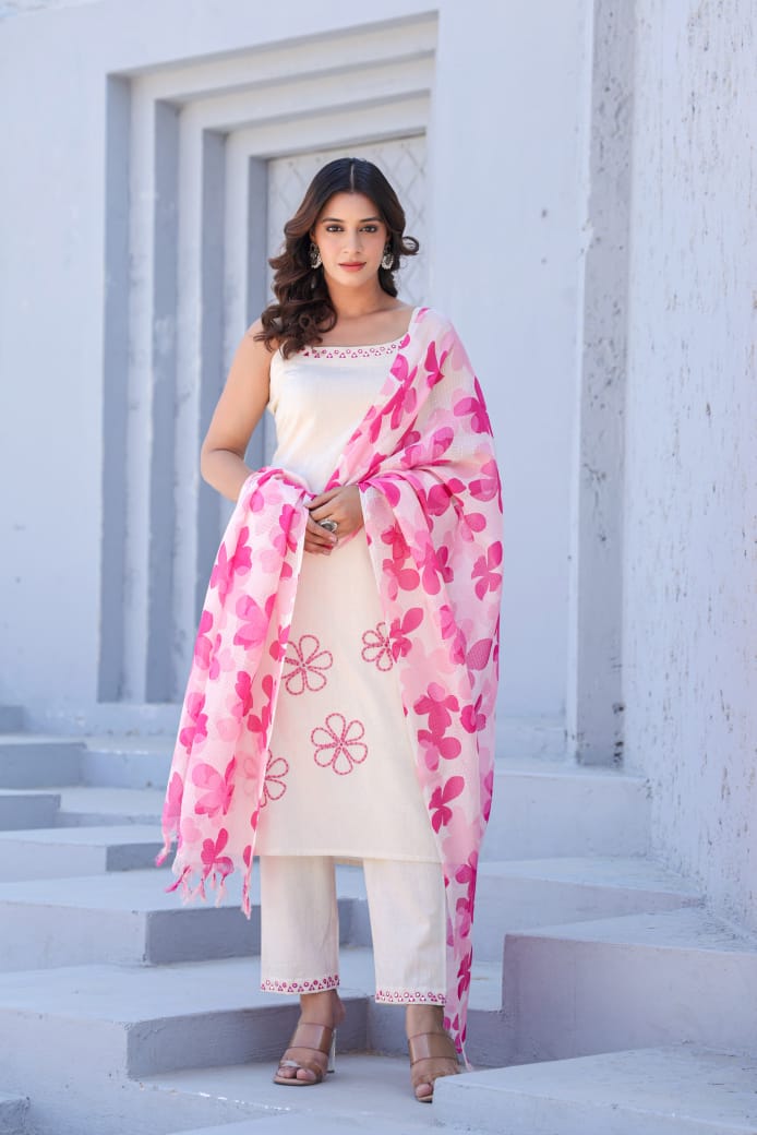 NODDLE STRAP FLORAL PINK WHITE COTTON SUIT SET