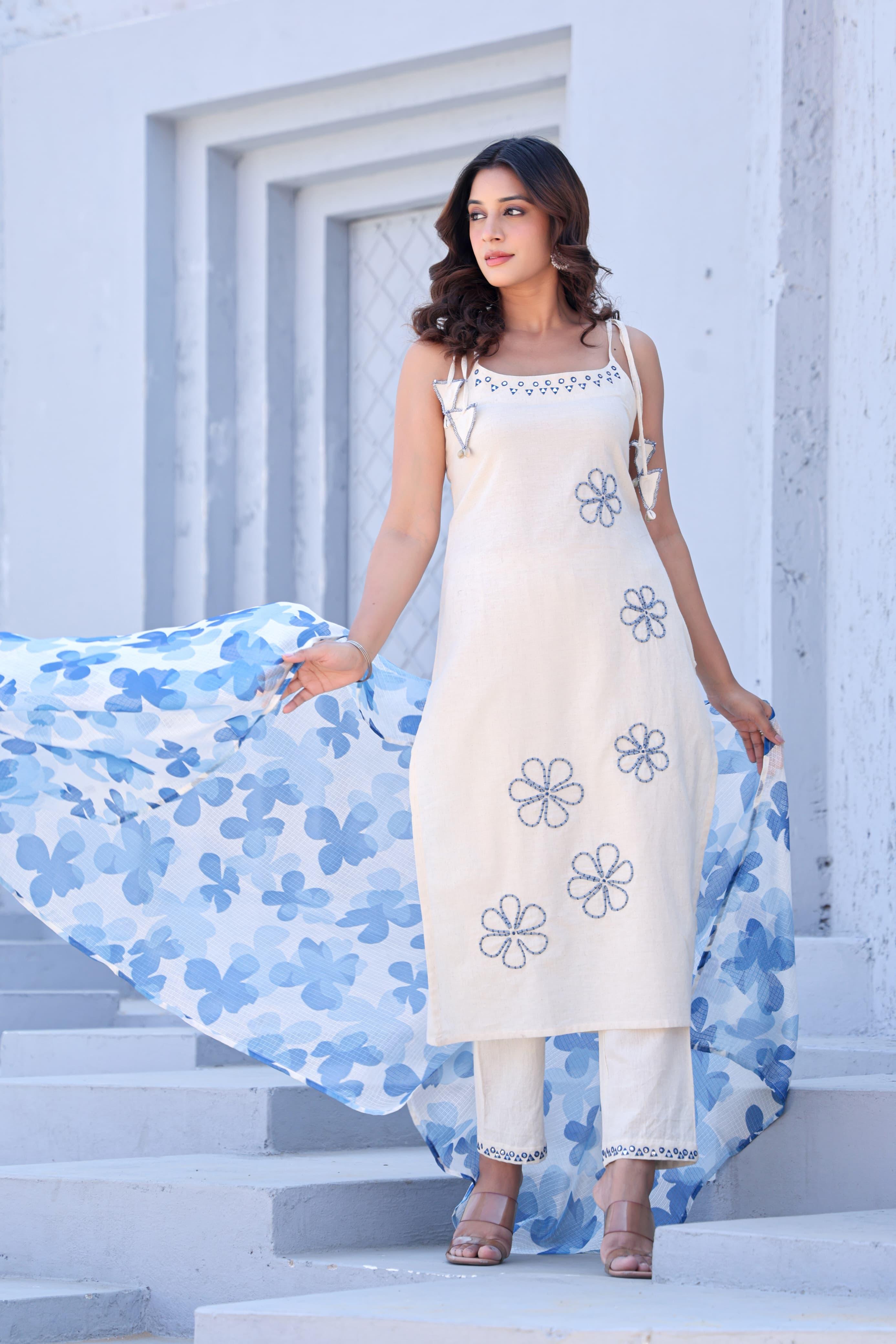 NODDLE STRAP FLORAL BLUE WHITE COTTON SUIT SET
