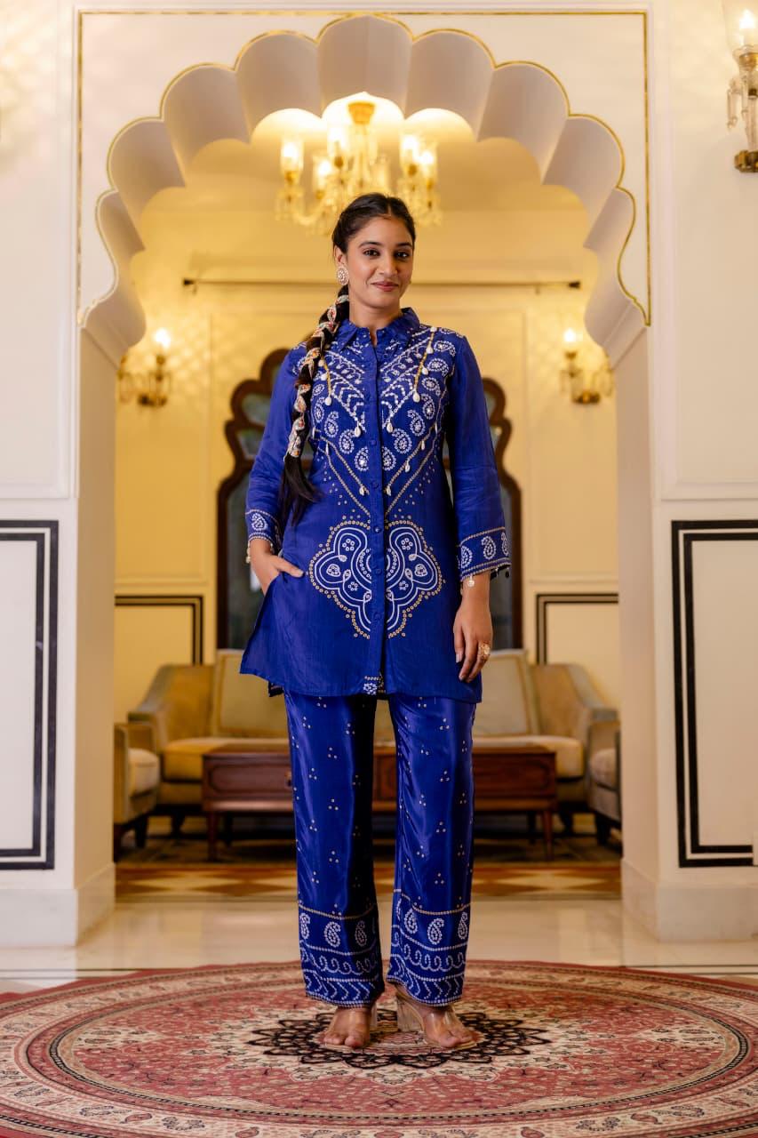 ROYAL BLUE BANDHANI PURE CREPE COORD SET