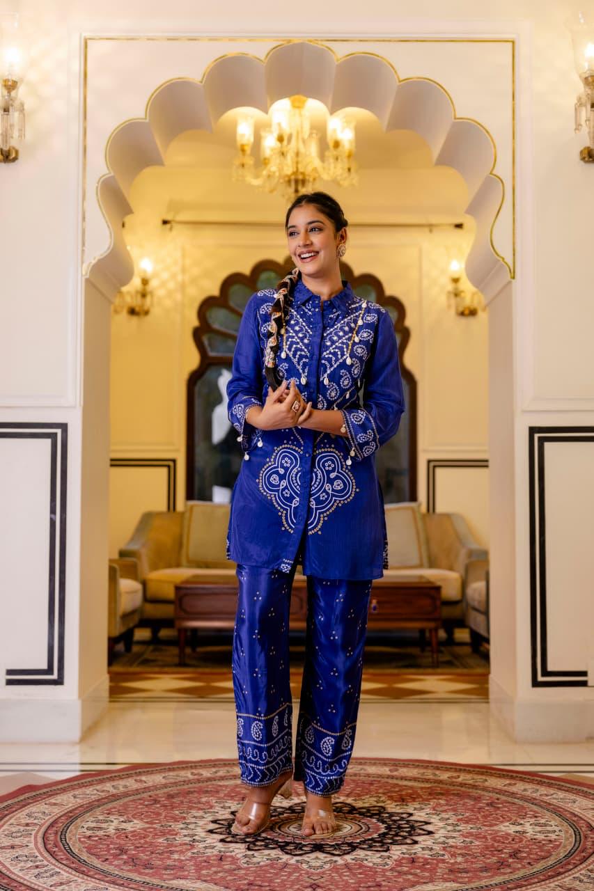 ROYAL BLUE BANDHANI PURE CREPE COORD SET