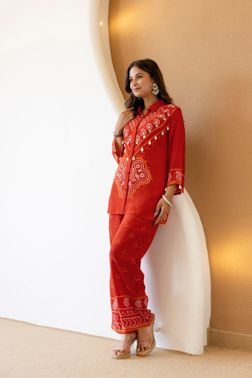 SINDOORI BANDHANI PURE CREPE COORD SET