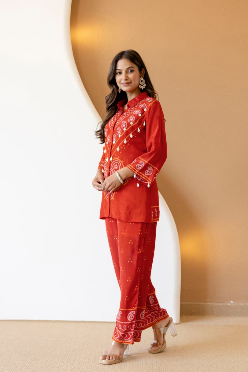 SINDOORI BANDHANI PURE CREPE COORD SET