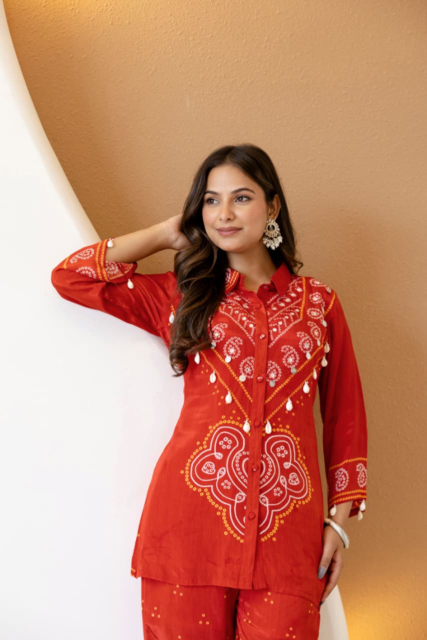 SINDOORI BANDHANI PURE CREPE COORD SET