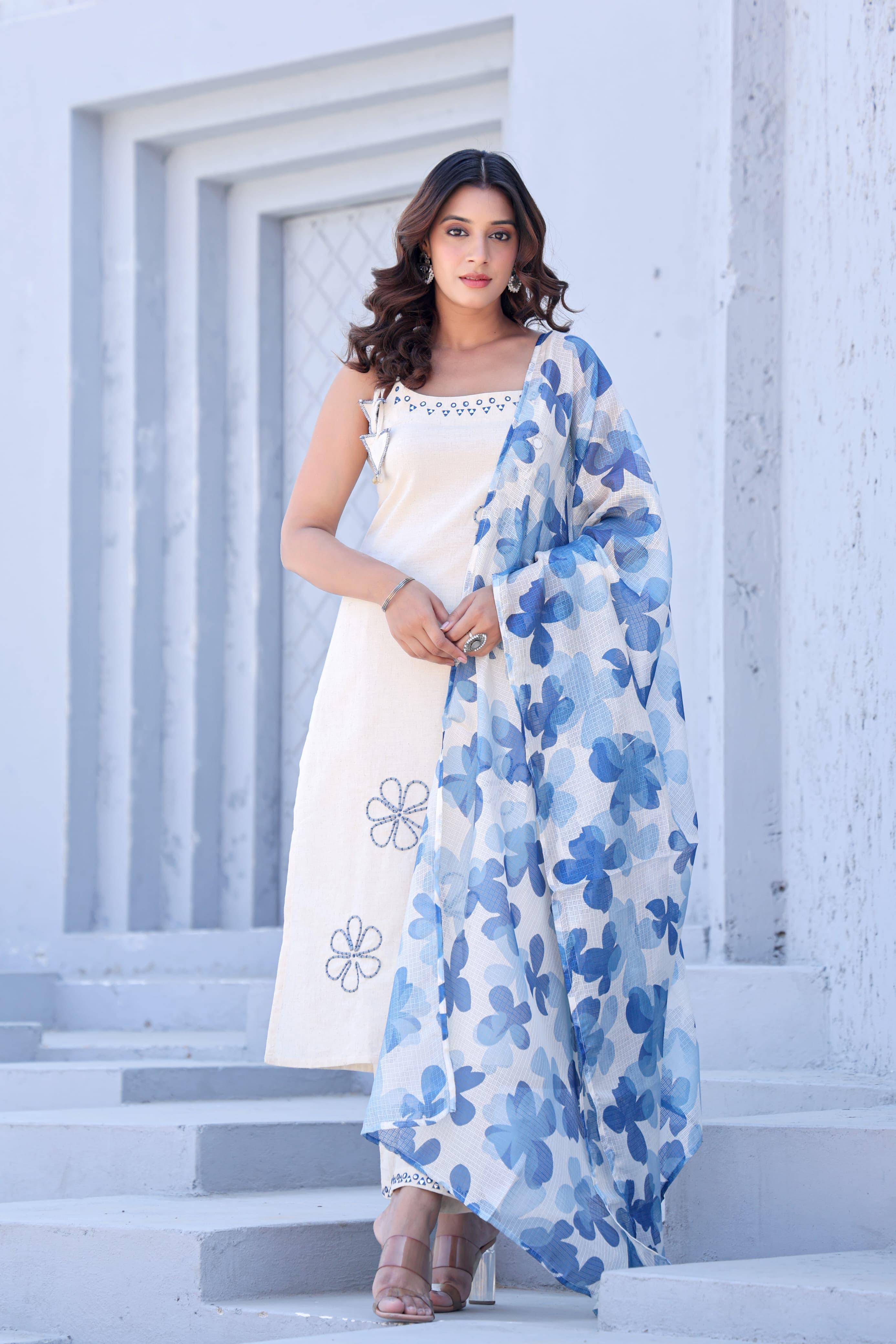 NODDLE STRAP FLORAL BLUE WHITE COTTON SUIT SET