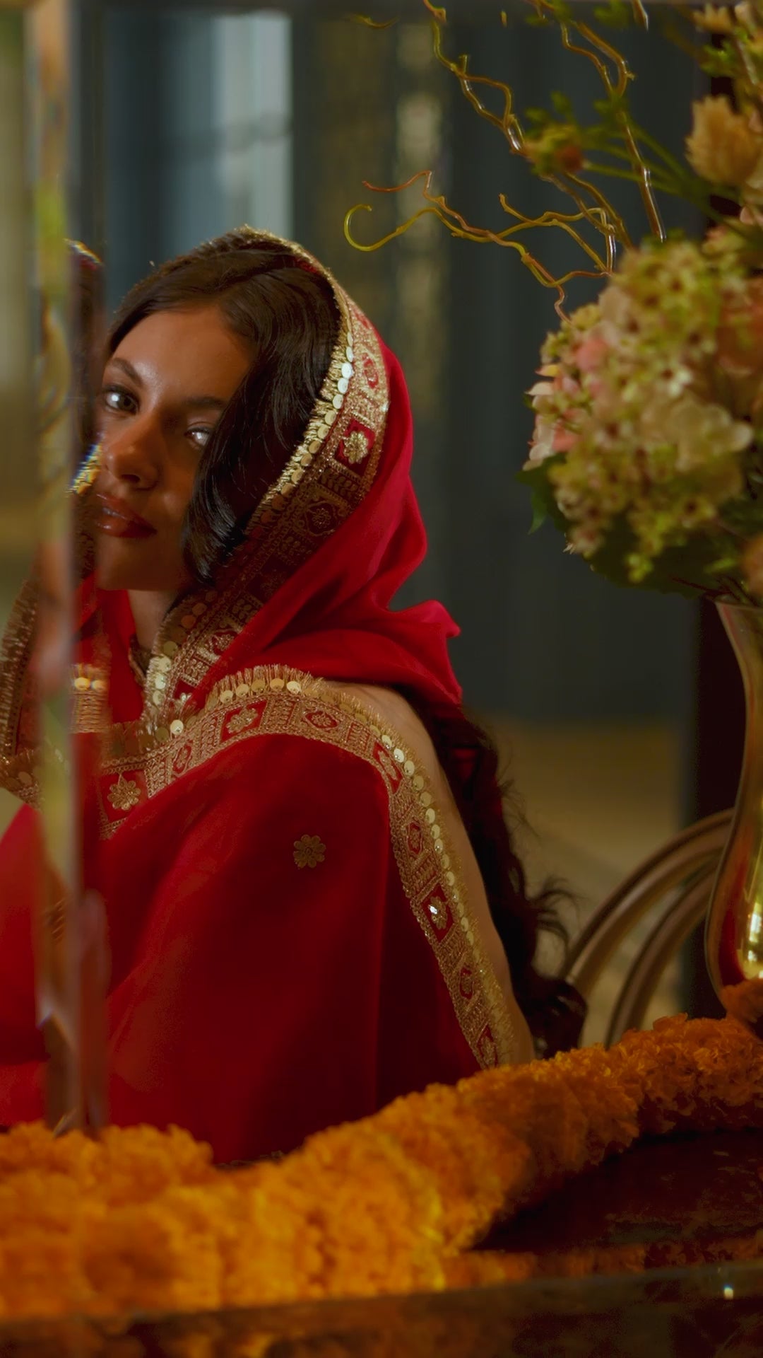 IVORY RED MIRROR EMBELLISHED BROCADE SUIT SET