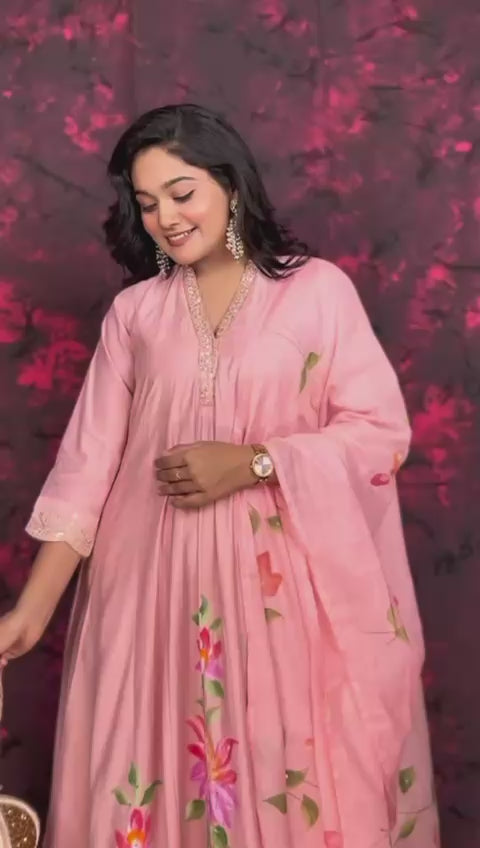 DREAMY PEACH BRUSH PAINTED ANARKALI SUIT SET