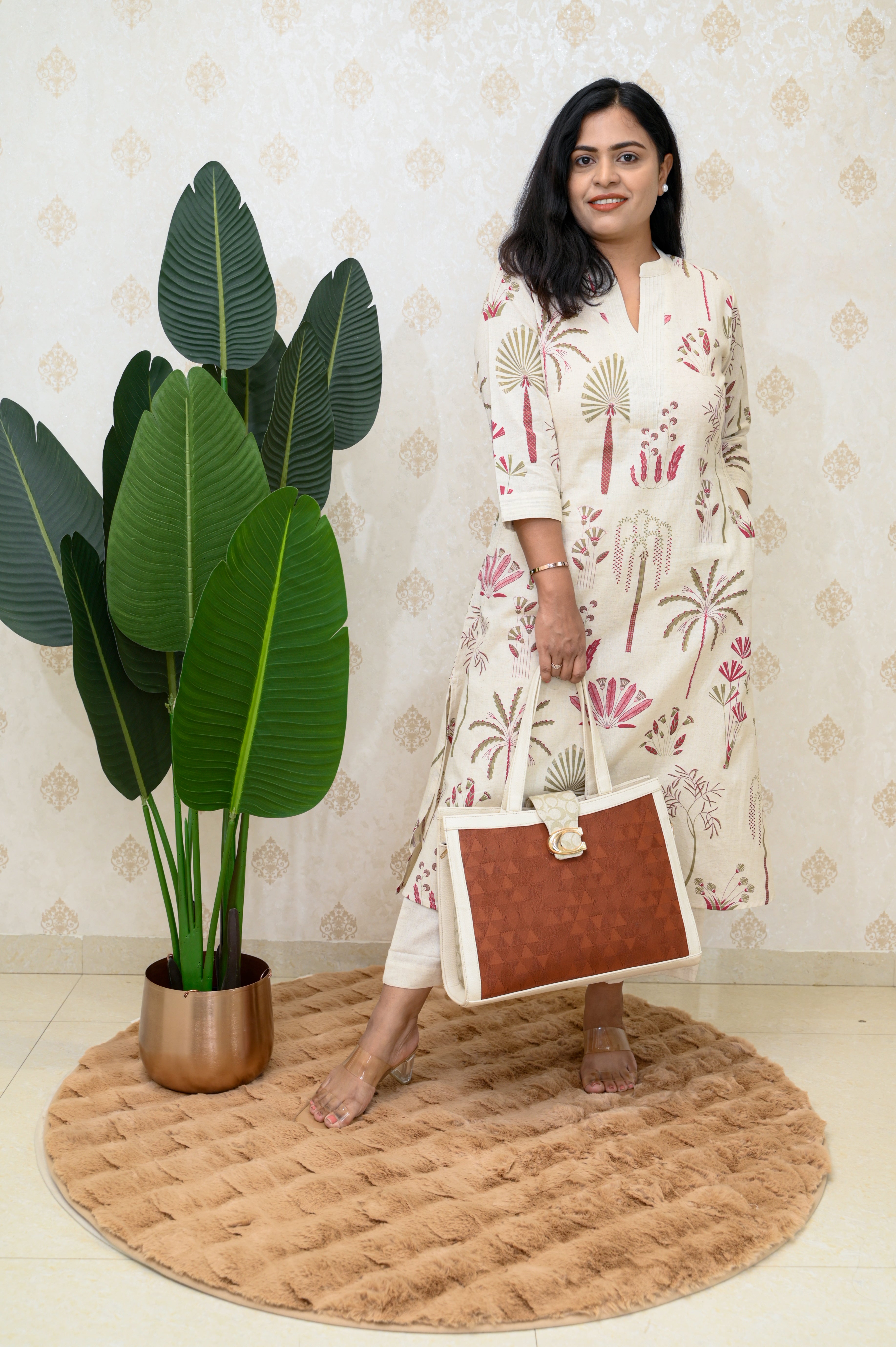 TROPICAL MAUVE WHITE COTTON KURTI SET